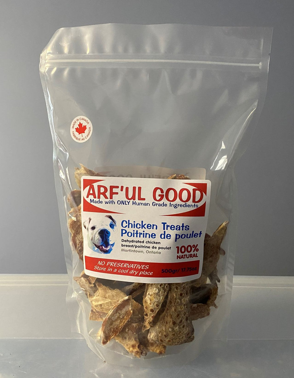 Sliced and slowly dehydrated; our chicken breast will make your dog's mouth water when you open the bag!    If your dog loves our Chicken Treats this 500 gr. bag saves you more than 18% over the same amount in our 200 gr. bags!