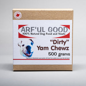 Dehydrated yams with beef liver sprinkles, economy size. Dirty Yams Chewz 500 gr. box
