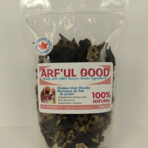Dehydrated chicken liver pieces dog treats in 200 gr clear bag