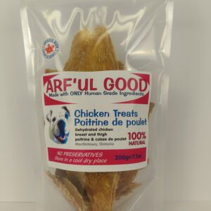 Dehydrated chicken treats 200 gr clear stand up pouch bag made in Ontario sticker